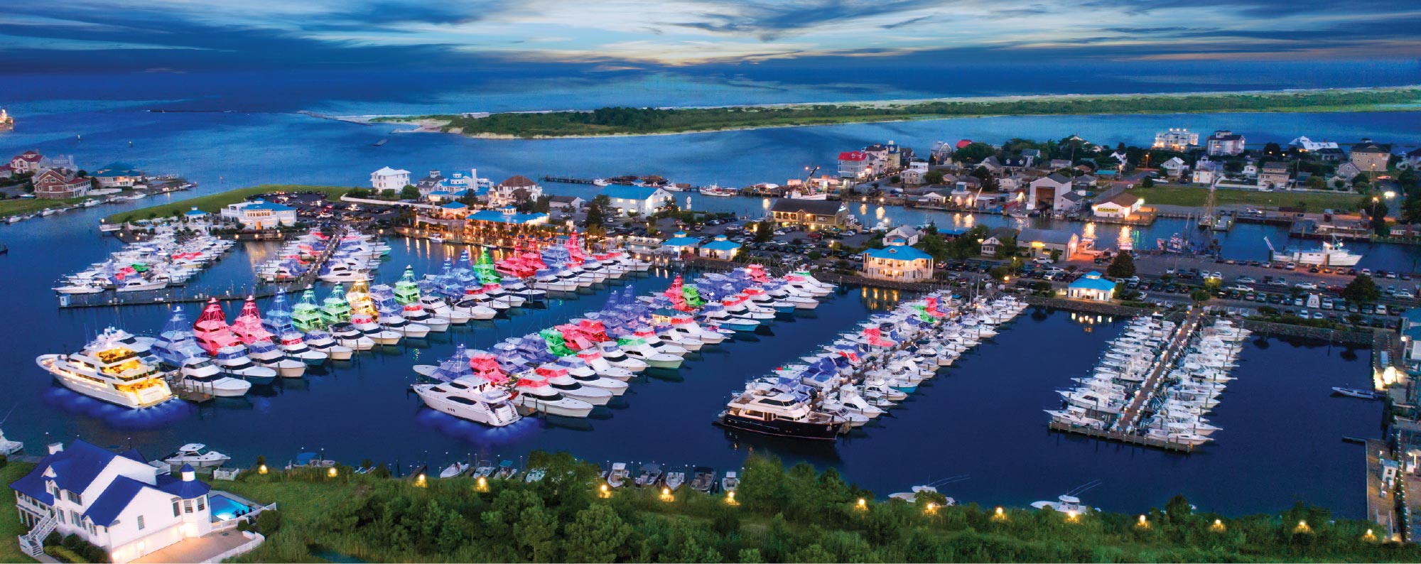 Aerial view of Sunset Marina at Dusk